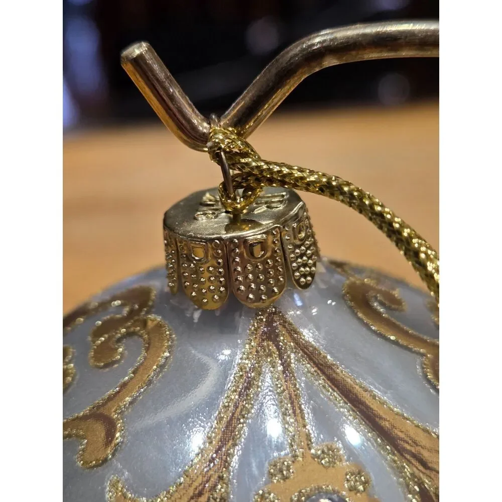 Vintage Glass Egg Christmas Ornament Red Cardinal Holly Jeweled Gold Filigree